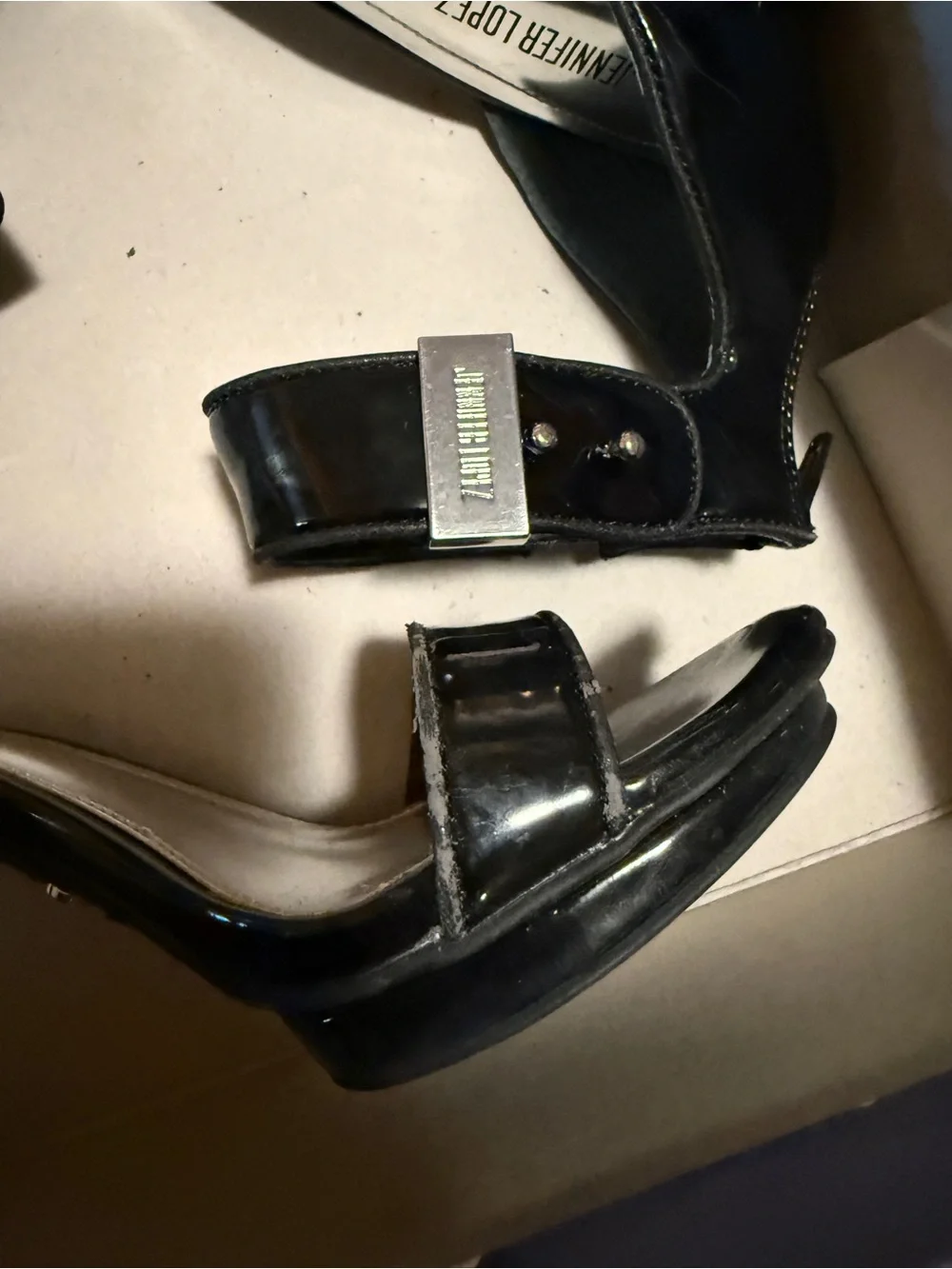 Jennifer Lopez Black Patent Statement Ankle Collar Heels Size 6.5 w/ Box